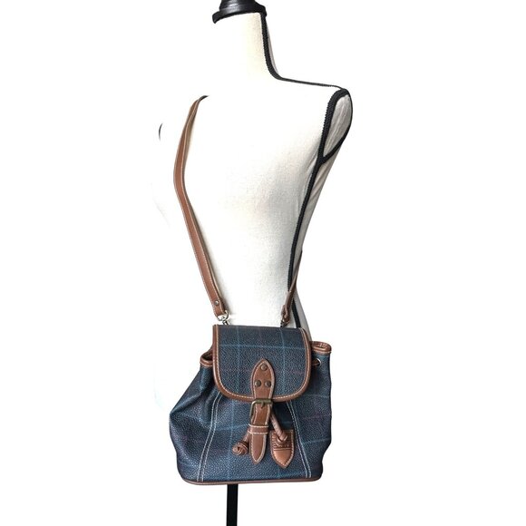 Vintage Esprit Plaid Mini Backpack Navy Brown Hobo Bag Crossbody Removable Strap - Picture 1 of 7